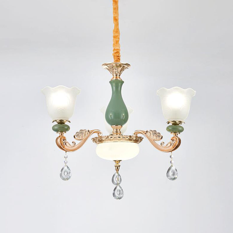 Floral Bedroom Up Chandelier Antique Milk Frosted Glass 3/6 Bulbs Gold and Green Hanging Light with Crystal Drop Clearhalo 'Ceiling Lights' 'Chandeliers' Lighting' options 979517