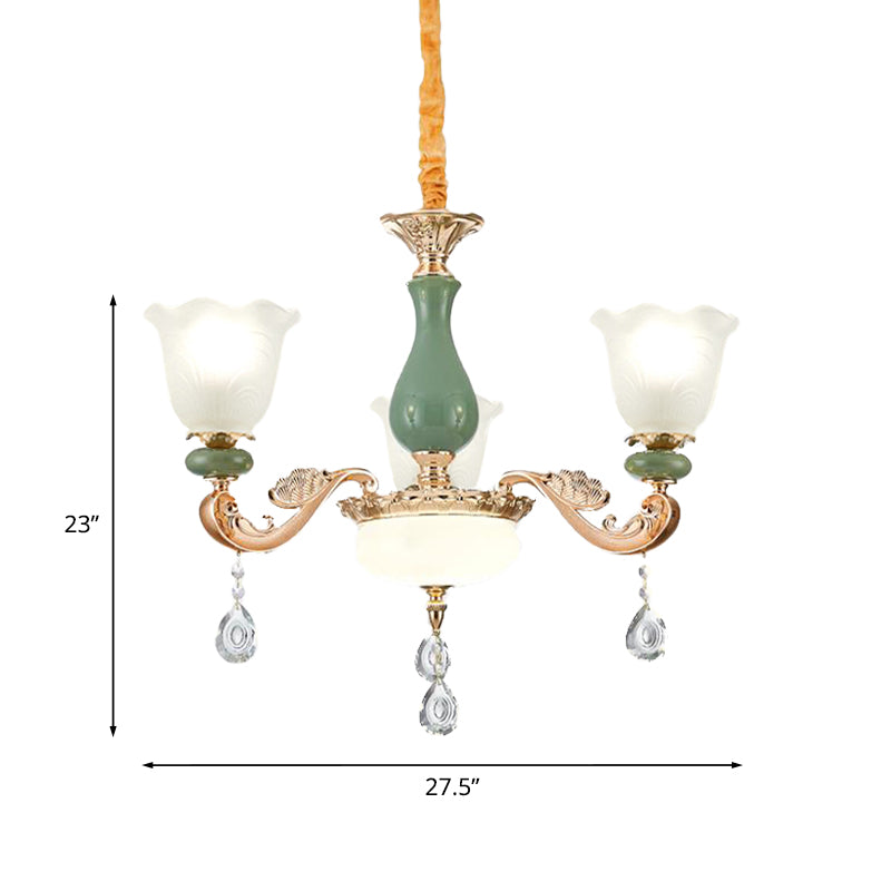 Floral Bedroom Up Chandelier Antique Milk Frosted Glass 3/6 Bulbs Gold and Green Hanging Light with Crystal Drop Clearhalo 'Ceiling Lights' 'Chandeliers' Lighting' options 979518