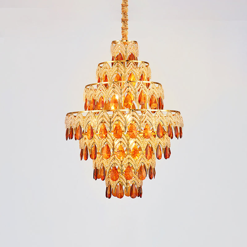 7-Tier Tapered Dining Room Hanging Light Retro Tan Crystal 8 Heads Gold Chandelier Pendant Clearhalo 'Ceiling Lights' 'Chandeliers' Lighting' options 979564