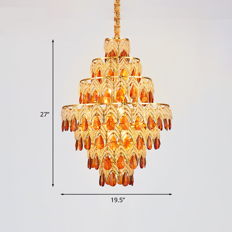 7-Tier Tapered Dining Room Hanging Light Retro Tan Crystal 8 Heads Gold Chandelier Pendant Clearhalo 'Ceiling Lights' 'Chandeliers' Lighting' options 979565