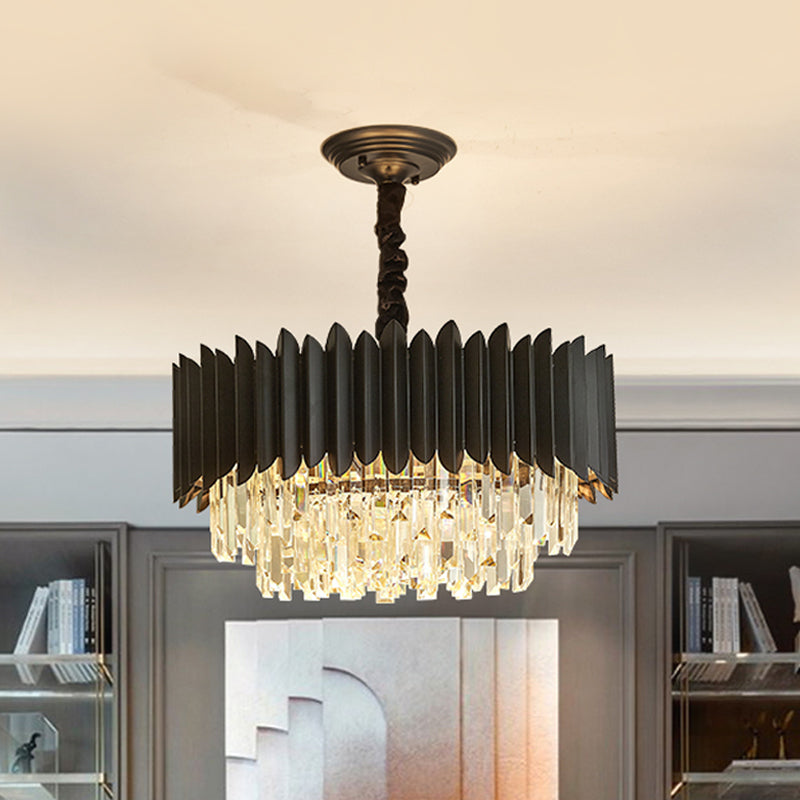 Modern Drum Pendulum Light Crystal Prisms 4-Bulb Living Room Hanging Chandelier in Black Black Clearhalo 'Ceiling Lights' 'Chandeliers' 'Modern Chandeliers' 'Modern' Lighting' 979606