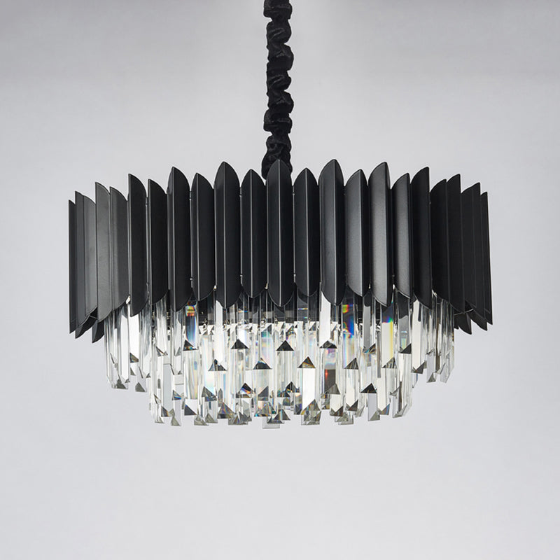 Modern Drum Pendulum Light Crystal Prisms 4-Bulb Living Room Hanging Chandelier in Black Clearhalo 'Ceiling Lights' 'Chandeliers' 'Modern Chandeliers' 'Modern' Lighting' 979608