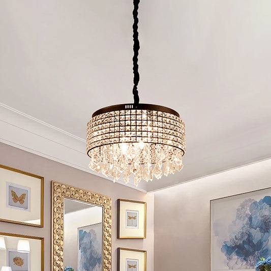 Crystal Encrusted Drum Chandelier Lighting Modernist 5 Lights Black Finish Suspension Lamp with Droplet Black Clearhalo 'Ceiling Lights' 'Chandeliers' 'Modern Chandeliers' 'Modern' Lighting' 979610