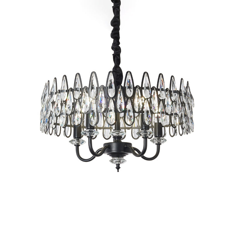 Black Teardrop Ceiling Chandelier with Drum Design Modernism 4-Light Faceted Crystal Hanging Pendant Lamp Clearhalo 'Ceiling Lights' 'Chandeliers' 'Modern Chandeliers' 'Modern' Lighting' 979628