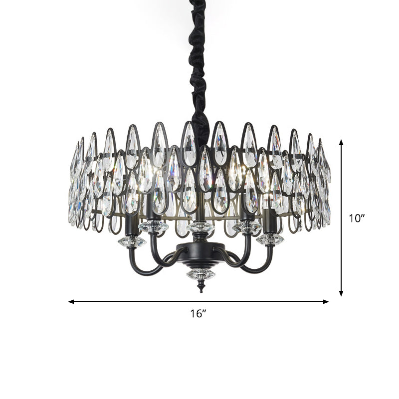 Black Teardrop Ceiling Chandelier with Drum Design Modernism 4-Light Faceted Crystal Hanging Pendant Lamp Clearhalo 'Ceiling Lights' 'Chandeliers' 'Modern Chandeliers' 'Modern' Lighting' 979630