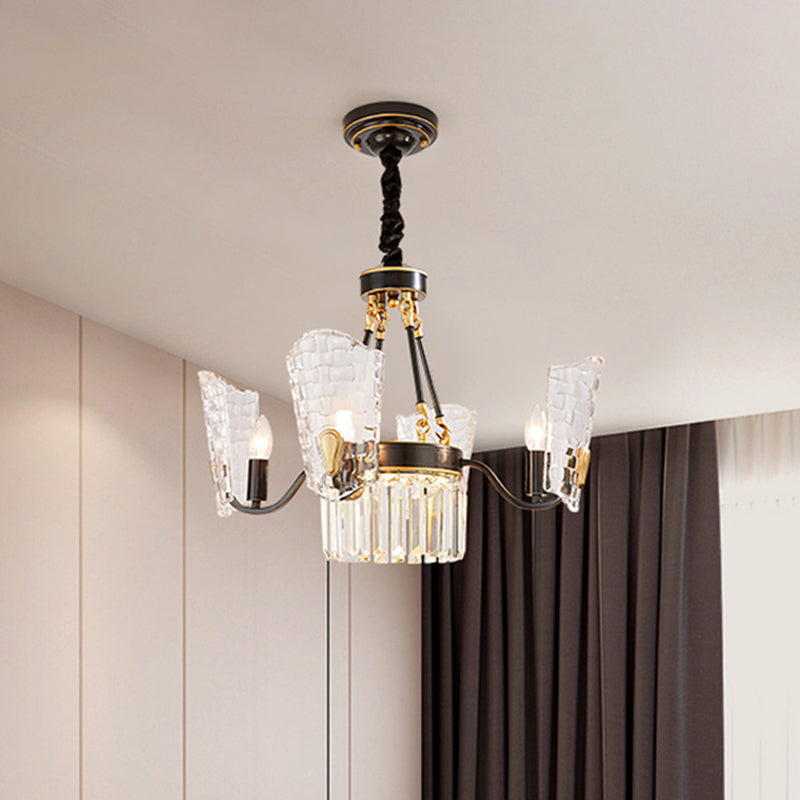 4 Bulbs Dining Room Pendulum Light Modern Black and Gold Finish Chandelier with Arced Panel Clear Crystal Shade Black Clearhalo 'Ceiling Lights' 'Chandeliers' 'Modern Chandeliers' 'Modern' Lighting' 979631