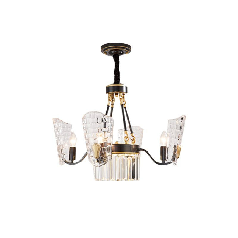 4 Bulbs Dining Room Pendulum Light Modern Black and Gold Finish Chandelier with Arced Panel Clear Crystal Shade Clearhalo 'Ceiling Lights' 'Chandeliers' 'Modern Chandeliers' 'Modern' Lighting' 979632