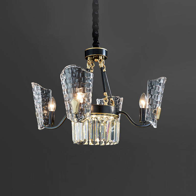 4 Bulbs Dining Room Pendulum Light Modern Black and Gold Finish Chandelier with Arced Panel Clear Crystal Shade Clearhalo 'Ceiling Lights' 'Chandeliers' 'Modern Chandeliers' 'Modern' Lighting' 979633