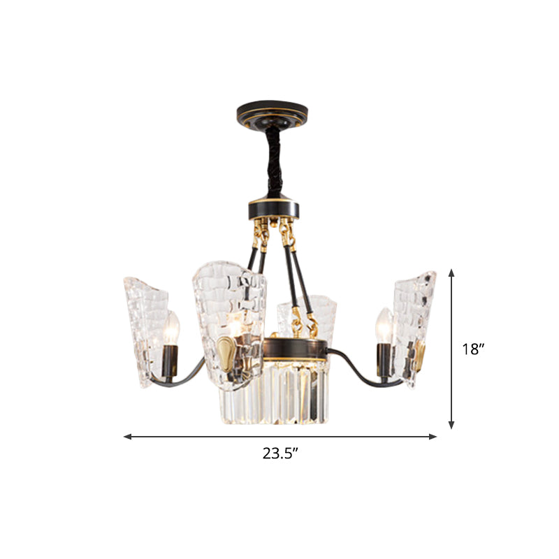 4 Bulbs Dining Room Pendulum Light Modern Black and Gold Finish Chandelier with Arced Panel Clear Crystal Shade Clearhalo 'Ceiling Lights' 'Chandeliers' 'Modern Chandeliers' 'Modern' Lighting' 979634