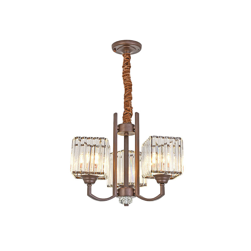 Cuboid Shape Dining Room Chandelier Crystal Block 3/6 Lights Modernist Pendant Lamp Fixture in Coffee Clearhalo 'Ceiling Lights' 'Chandeliers' 'Modern Chandeliers' 'Modern' Lighting' 979637