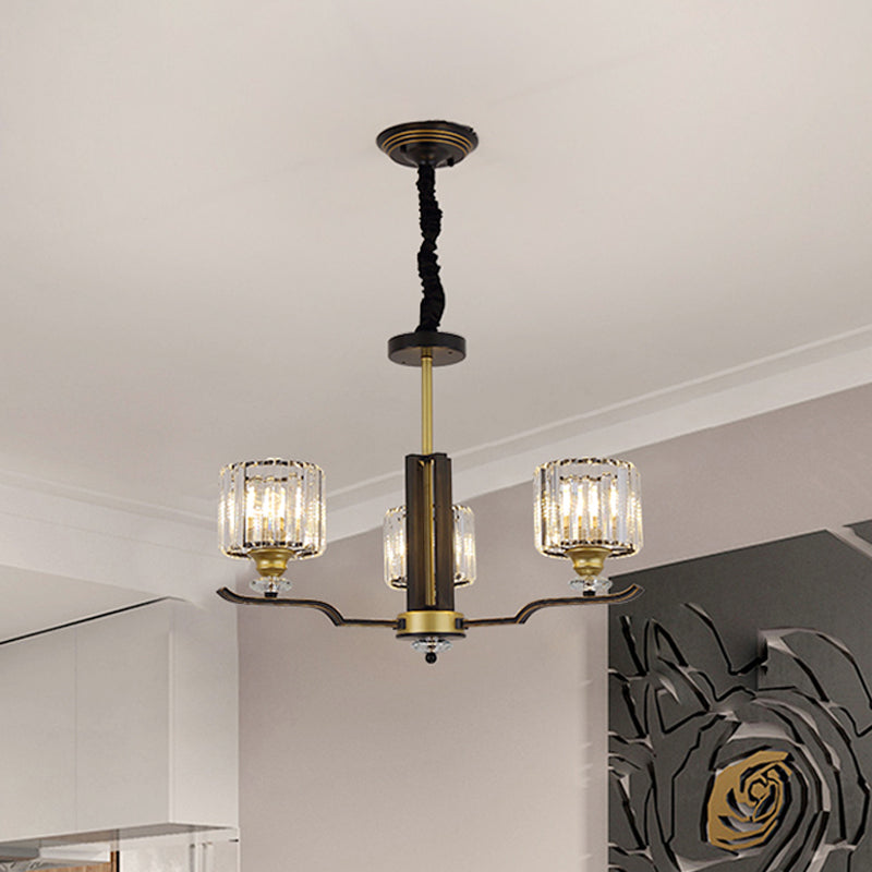 Crystal Block Cylinder Hanging Lighting Post Modern 3/6 Heads Black and Gold Pendant Chandelier 3 Black-Gold Clearhalo 'Ceiling Lights' 'Chandeliers' 'Modern Chandeliers' 'Modern' Lighting' 979644