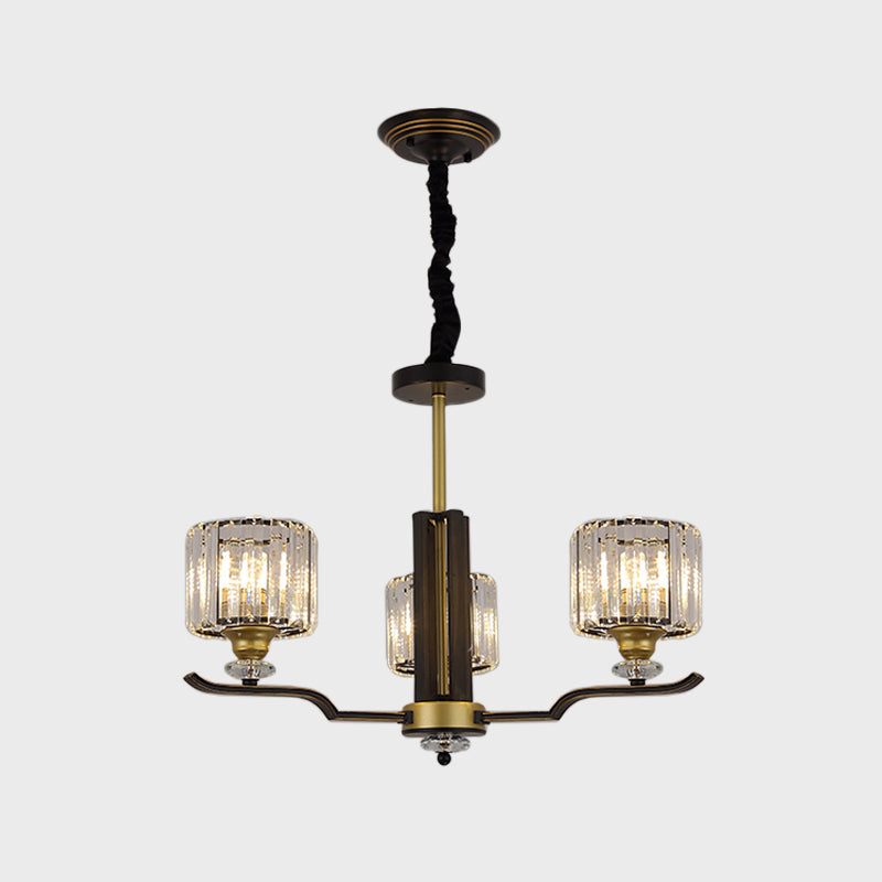 Crystal Block Cylinder Hanging Lighting Post Modern 3/6 Heads Black and Gold Pendant Chandelier Clearhalo 'Ceiling Lights' 'Chandeliers' 'Modern Chandeliers' 'Modern' Lighting' 979646