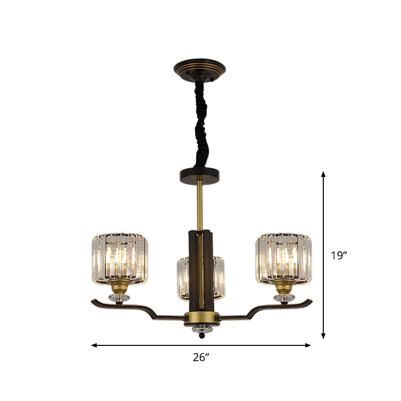 Crystal Block Cylinder Hanging Lighting Post Modern 3/6 Heads Black and Gold Pendant Chandelier Clearhalo 'Ceiling Lights' 'Chandeliers' 'Modern Chandeliers' 'Modern' Lighting' 979647