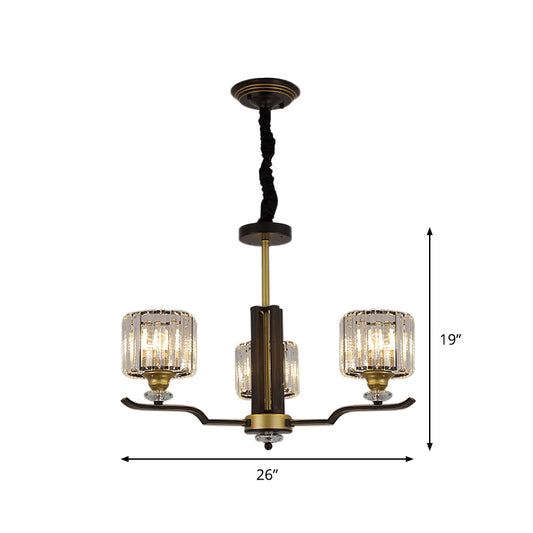 Crystal Block Cylinder Hanging Lighting Post Modern 3/6 Heads Black and Gold Pendant Chandelier Clearhalo 'Ceiling Lights' 'Chandeliers' 'Modern Chandeliers' 'Modern' Lighting' 979647