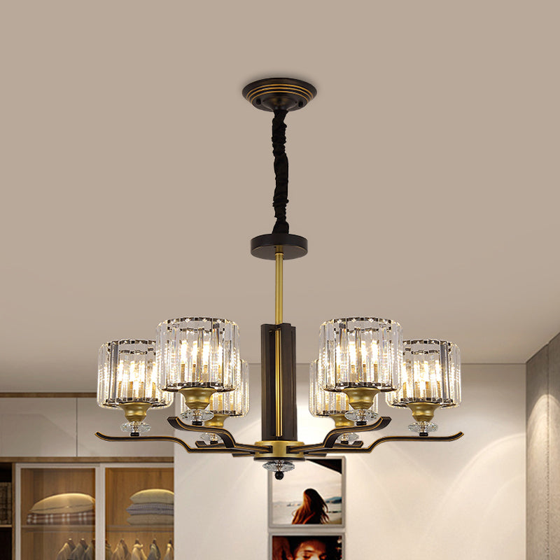 Crystal Block Cylinder Hanging Lighting Post Modern 3/6 Heads Black and Gold Pendant Chandelier 6 Black-Gold Clearhalo 'Ceiling Lights' 'Chandeliers' 'Modern Chandeliers' 'Modern' Lighting' 979648