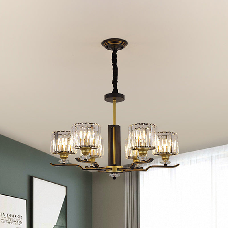 Crystal Block Cylinder Hanging Lighting Post Modern 3/6 Heads Black and Gold Pendant Chandelier Clearhalo 'Ceiling Lights' 'Chandeliers' 'Modern Chandeliers' 'Modern' Lighting' 979649