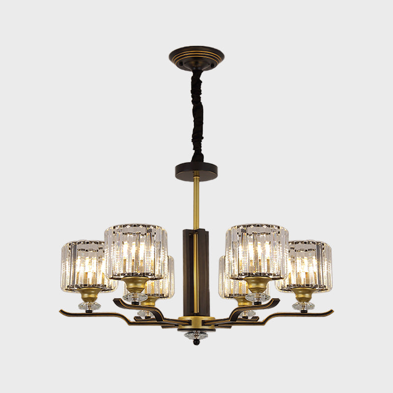 Crystal Block Cylinder Hanging Lighting Post Modern 3/6 Heads Black and Gold Pendant Chandelier Clearhalo 'Ceiling Lights' 'Chandeliers' 'Modern Chandeliers' 'Modern' Lighting' 979651