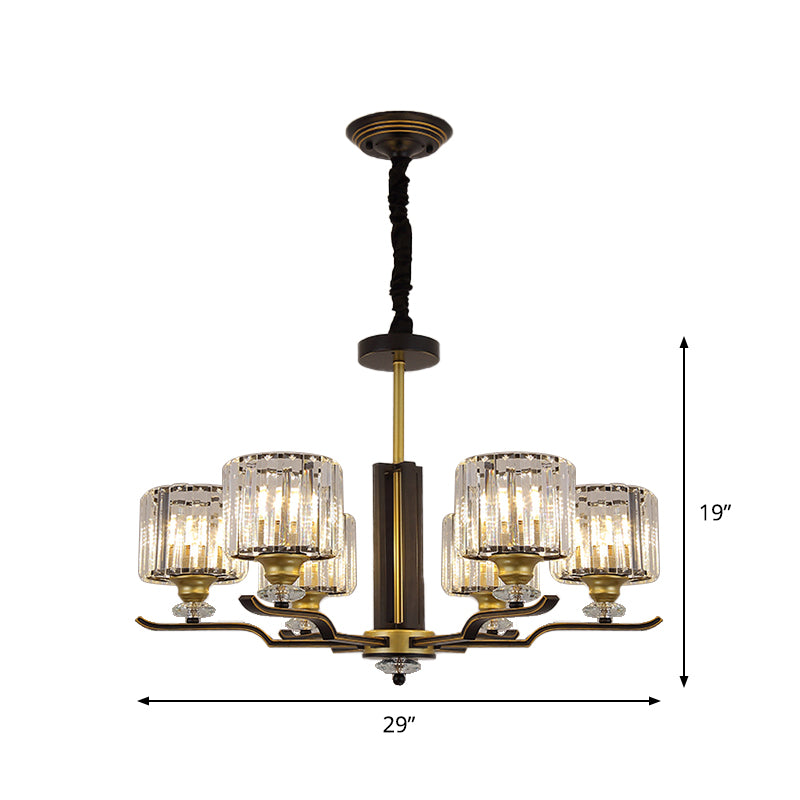 Crystal Block Cylinder Hanging Lighting Post Modern 3/6 Heads Black and Gold Pendant Chandelier Clearhalo 'Ceiling Lights' 'Chandeliers' 'Modern Chandeliers' 'Modern' Lighting' 979652