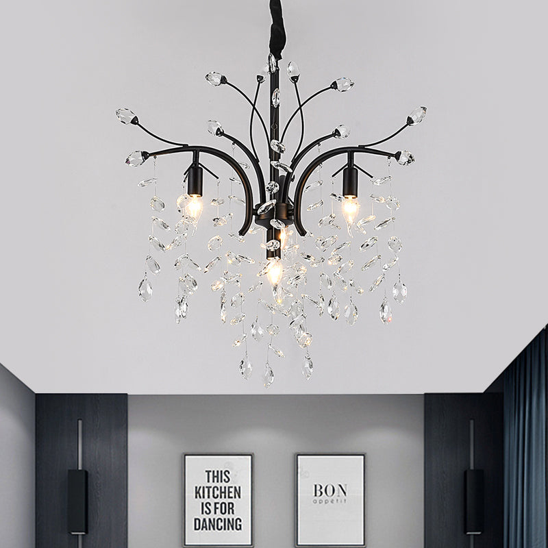 Branching Beveled Crystal Pendant Light Kit Modernism 4 Bulbs Black Finish Candle Chandelier Lamp Black Clearhalo 'Ceiling Lights' 'Chandeliers' 'Modern Chandeliers' 'Modern' Lighting' 979653