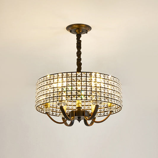 Drum Chandelier Pendant Light Minimalist Crystal-Encrusted 6-Light Dining Room Hanging Lamp in Black Clearhalo 'Ceiling Lights' 'Chandeliers' 'Modern Chandeliers' 'Modern' Lighting' 979659