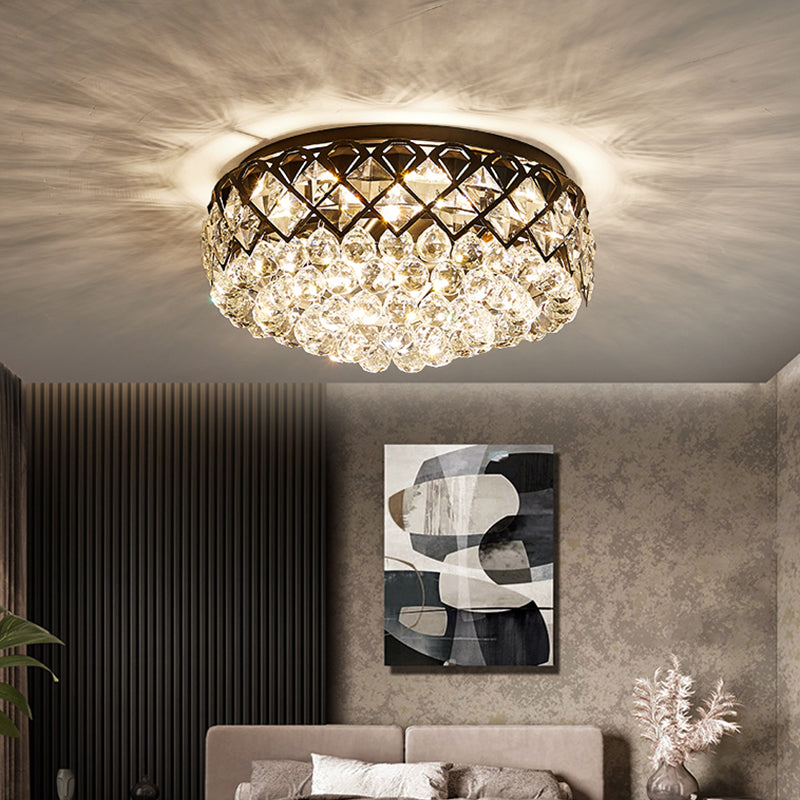 Black Drum Flush Mount Lighting Modern 7 Lights Crystal Balls Flushmount Lamp for Bedroom Clearhalo 'Ceiling Lights' 'Close To Ceiling Lights' 'Close to ceiling' 'Flush mount' Lighting' 979689