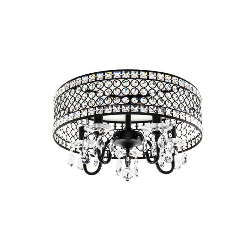 Candle Metal Flush Mounted Light Modern 4 Bulbs Black Semi Flush Lamp with Drum Crystal Embedded Shade Clearhalo 'Ceiling Lights' 'Close To Ceiling Lights' 'Close to ceiling' 'Semi-flushmount' Lighting' 979705