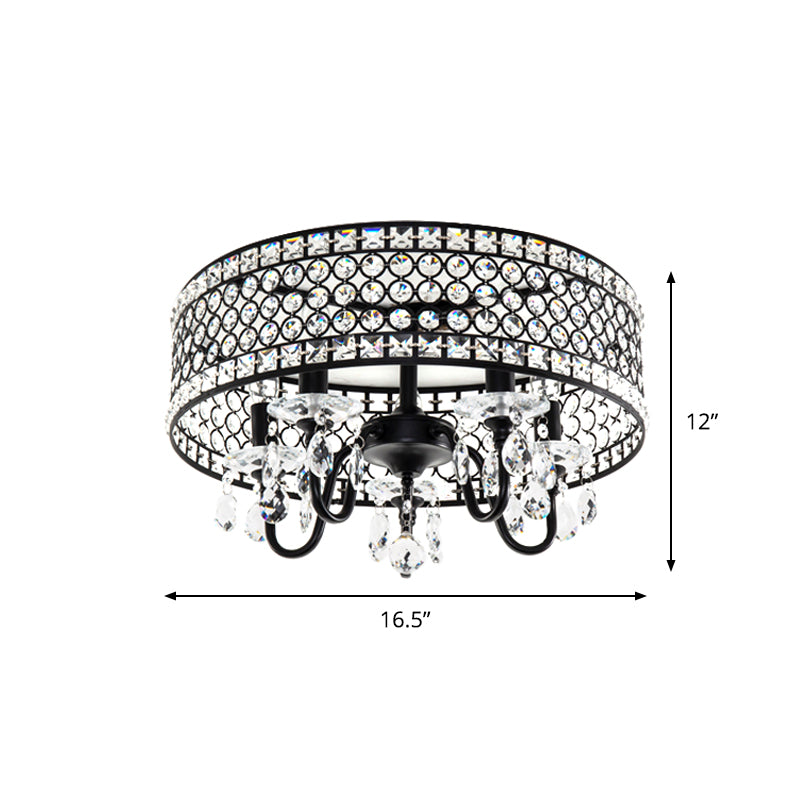 Candle Metal Flush Mounted Light Modern 4 Bulbs Black Semi Flush Lamp with Drum Crystal Embedded Shade Clearhalo 'Ceiling Lights' 'Close To Ceiling Lights' 'Close to ceiling' 'Semi-flushmount' Lighting' 979707