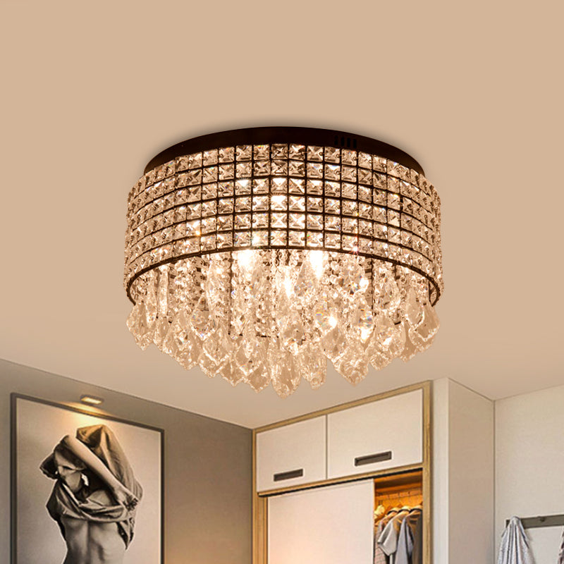 Black Drum Flushmount Lamp Modern 5 Heads Crystal Embedded Flush Ceiling Light Fixture with Droplet Black Clearhalo 'Ceiling Lights' 'Close To Ceiling Lights' 'Close to ceiling' 'Flush mount' Lighting' 979712