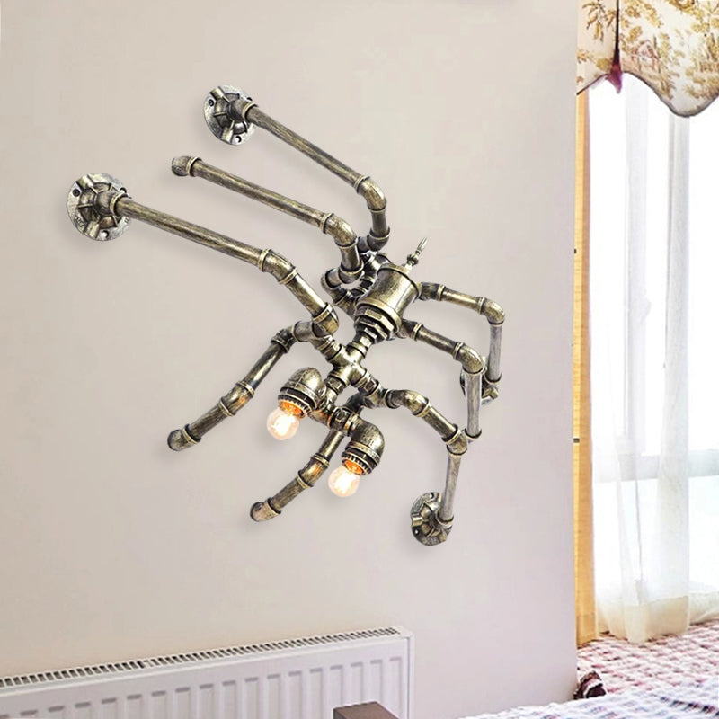 2 Bulbs Iron Wall Mount Lighting Industrial Style Bronze/Silver Water Pipe Corridor Wall Lamp with Spider Design Clearhalo 'Art deco wall lights' 'Cast Iron' 'Glass' 'Industrial wall lights' 'Industrial' 'Middle century wall lights' 'Modern' 'Rustic wall lights' 'Tiffany' 'Traditional wall lights' 'Wall Lamps & Sconces' 'Wall Lights' Lighting' 980638