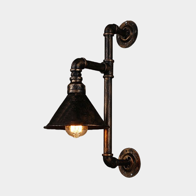 Dark Rust Conical Wall Sconce Industrial Metal 1 Light Farmhouse Wall Light Fixture with Water Pipe Clearhalo 'Art deco wall lights' 'Cast Iron' 'Glass' 'Industrial wall lights' 'Industrial' 'Middle century wall lights' 'Modern' 'Rustic wall lights' 'Tiffany' 'Traditional wall lights' 'Wall Lamps & Sconces' 'Wall Lights' Lighting' 980648