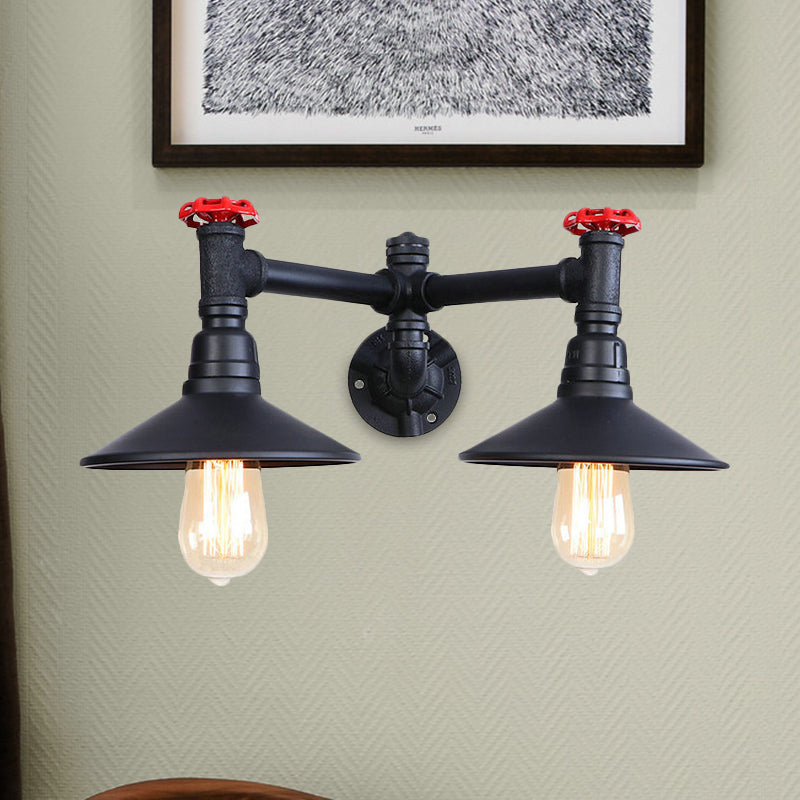2 Bulbs Sconce Light Industrial Style Cone Shade Metallic Wall Lighting with Valve Wheel and Pipe in Black Clearhalo 'Art deco wall lights' 'Cast Iron' 'Glass' 'Industrial wall lights' 'Industrial' 'Middle century wall lights' 'Modern' 'Rustic wall lights' 'Tiffany' 'Traditional wall lights' 'Wall Lamps & Sconces' 'Wall Lights' Lighting' 980668