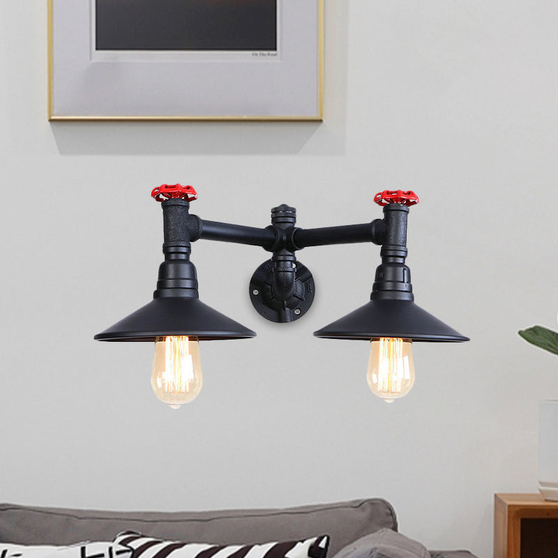 2 Bulbs Sconce Light Industrial Style Cone Shade Metallic Wall Lighting with Valve Wheel and Pipe in Black Clearhalo 'Art deco wall lights' 'Cast Iron' 'Glass' 'Industrial wall lights' 'Industrial' 'Middle century wall lights' 'Modern' 'Rustic wall lights' 'Tiffany' 'Traditional wall lights' 'Wall Lamps & Sconces' 'Wall Lights' Lighting' 980669