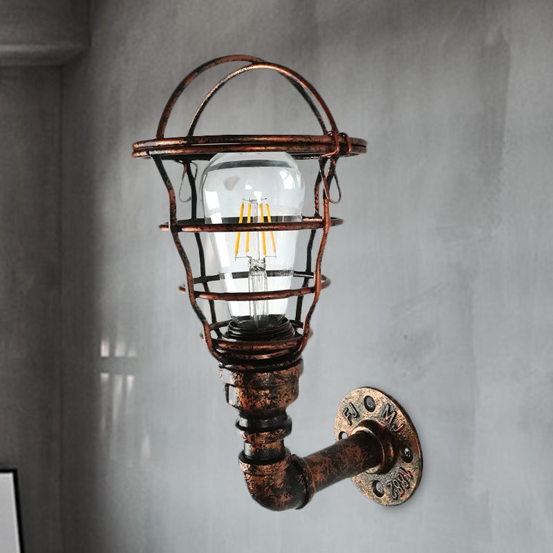 Industrial Wire Cage Wall Lighting with Pipe 1 Bulb Wrought Iron Sconce Light Fixture in Rust Clearhalo 'Art deco wall lights' 'Cast Iron' 'Glass' 'Industrial wall lights' 'Industrial' 'Middle century wall lights' 'Modern' 'Rustic wall lights' 'Tiffany' 'Traditional wall lights' 'Wall Lamps & Sconces' 'Wall Lights' Lighting' 980677