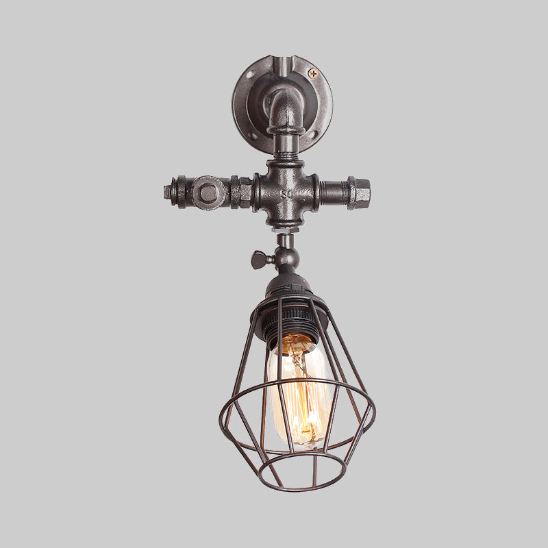 Diamond Cage Iron Wall Mount Light with Pipe Design Industrial Style 1 Bulb Bedroom Wall Lighting in Antique Brass/Silver Clearhalo 'Art deco wall lights' 'Cast Iron' 'Glass' 'Industrial wall lights' 'Industrial' 'Middle century wall lights' 'Modern' 'Rustic wall lights' 'Tiffany' 'Traditional wall lights' 'Wall Lamps & Sconces' 'Wall Lights' Lighting' 980681