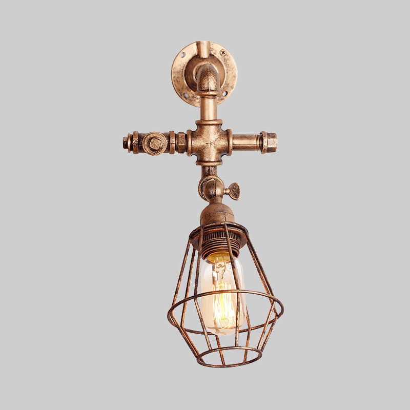 Diamond Cage Iron Wall Mount Light with Pipe Design Industrial Style 1 Bulb Bedroom Wall Lighting in Antique Brass/Silver Clearhalo 'Art deco wall lights' 'Cast Iron' 'Glass' 'Industrial wall lights' 'Industrial' 'Middle century wall lights' 'Modern' 'Rustic wall lights' 'Tiffany' 'Traditional wall lights' 'Wall Lamps & Sconces' 'Wall Lights' Lighting' 980682