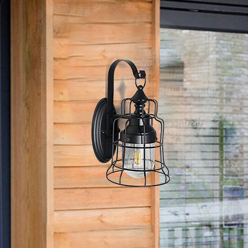 Coastal Style Bell Caged Wall Light 1 Bulb Metal Wall Lamp Fixture with Inner Glass Shade and Gooseneck Arm in Black Clearhalo 'Art deco wall lights' 'Cast Iron' 'Glass' 'Industrial wall lights' 'Industrial' 'Middle century wall lights' 'Modern' 'Rustic wall lights' 'Tiffany' 'Traditional wall lights' 'Wall Lamps & Sconces' 'Wall Lights' Lighting' 980683