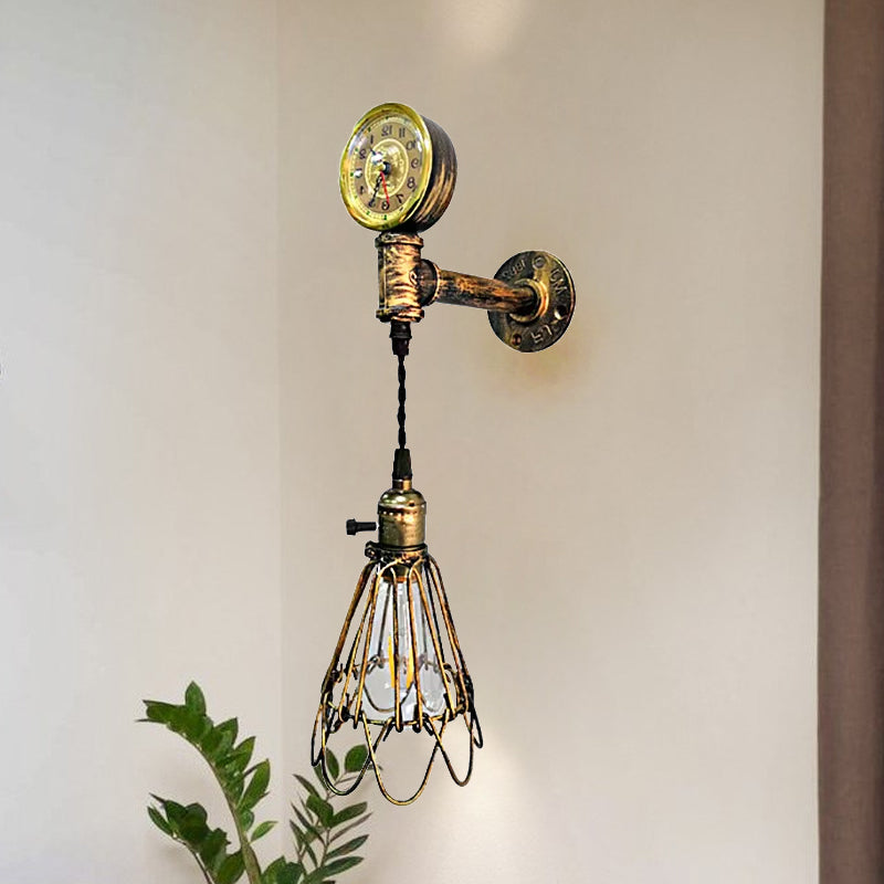 1 Bulb Metal Wall Hanging Light Farmhouse Aged Brass/Black Wire Frame Corridor Sconce Lighting with Gauge Clearhalo 'Art deco wall lights' 'Cast Iron' 'Glass' 'Industrial wall lights' 'Industrial' 'Middle century wall lights' 'Modern' 'Rustic wall lights' 'Tiffany' 'Traditional wall lights' 'Wall Lamps & Sconces' 'Wall Lights' Lighting' 980684