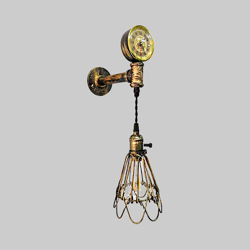 1 Bulb Metal Wall Hanging Light Farmhouse Aged Brass/Black Wire Frame Corridor Sconce Lighting with Gauge Clearhalo 'Art deco wall lights' 'Cast Iron' 'Glass' 'Industrial wall lights' 'Industrial' 'Middle century wall lights' 'Modern' 'Rustic wall lights' 'Tiffany' 'Traditional wall lights' 'Wall Lamps & Sconces' 'Wall Lights' Lighting' 980685