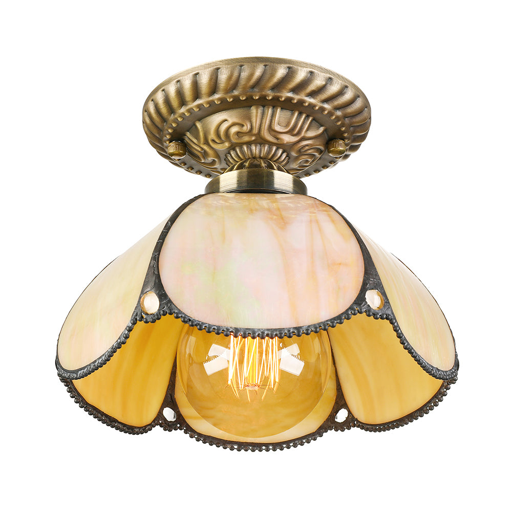 Beige Domed Ceiling Mount Light 1 Head Tiffany Antique Art Glass Ceiling Light for Kitchen Clearhalo 'Ceiling Lights' 'Close To Ceiling Lights' 'Close to ceiling' 'Glass shade' 'Glass' 'Island Lights' 'Semi-flushmount' 'Tiffany close to ceiling' 'Tiffany' Lighting' 98088