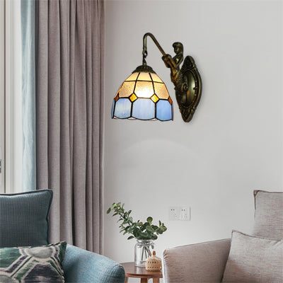 Blue Glass Grid Patterned Wall Mounted Light Tiffany 1 Head Antique Brass Sconce Light Blue Clearhalo 'Industrial' 'Middle century wall lights' 'Tiffany wall lights' 'Tiffany' 'Wall Lamps & Sconces' 'Wall Lights' Lighting' 98130