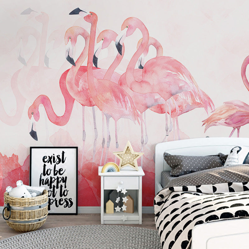 Extra Large Mural Wallpaper Nordic Novelty Flamingo Wall Art in Pastel Pink Pink Clearhalo 'Wall Decor' 'Wall Mural' 982158