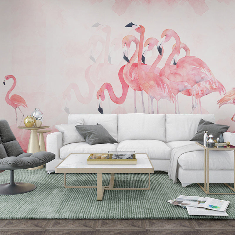 Extra Large Mural Wallpaper Nordic Novelty Flamingo Wall Art in Pastel Pink Clearhalo 'Wall Decor' 'Wall Mural' 982160