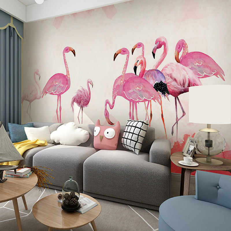 Pink Flamingo Mural Wallpaper Stain-Resistant Wall Covering for Home Decoration Clearhalo 'Wall Decor' 'Wall Mural' 982166