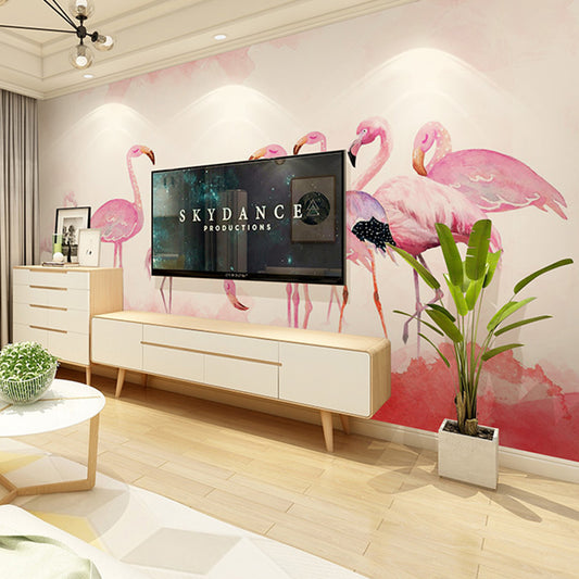 Pink Flamingo Mural Wallpaper Stain-Resistant Wall Covering for Home Decoration Clearhalo 'Wall Decor' 'Wall Mural' 982167