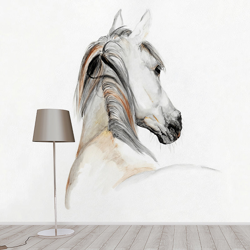 Chinese Wall Mural for Guest Room, Horse in Grey and Brown, Personalized Size Available Clearhalo 'Wall Decor' 'Wall Mural' 982177