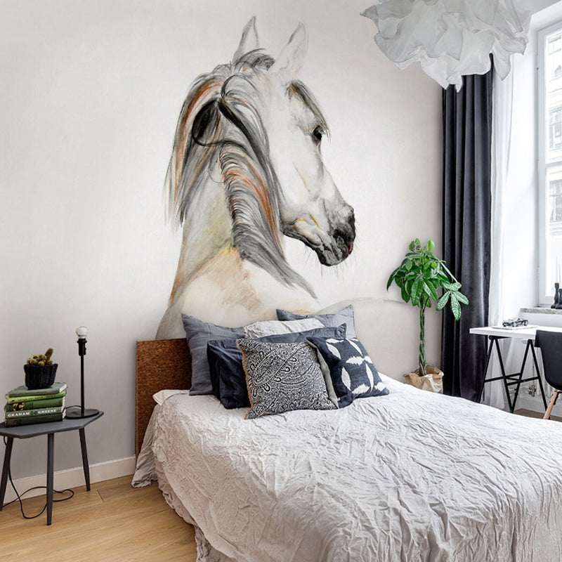 Chinese Wall Mural for Guest Room, Horse in Grey and Brown, Personalized Size Available Clearhalo 'Wall Decor' 'Wall Mural' 982179