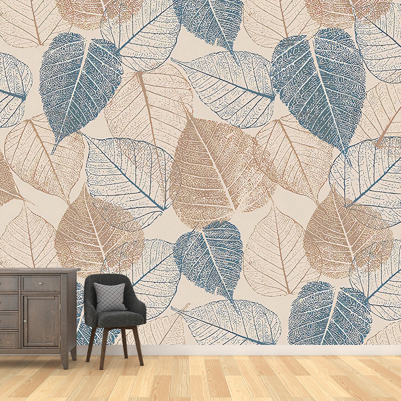 American Blue and Brown Mural with Autumn Leaf Design for Living Room and Gallery, Non-Woven Material Clearhalo 'Wall Decor' 'Wall Mural' 982184