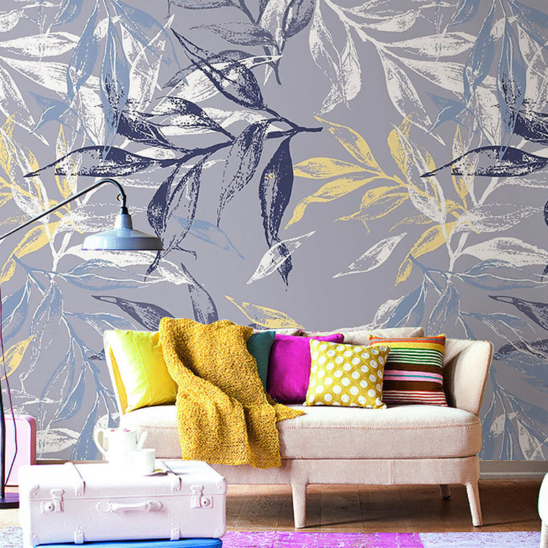 Big Illustration Classic Mural Wallpaper for Bedroom with Leaf and Branch in Grey and Blue Gray-Blue Clearhalo 'Wall Decor' 'Wall Mural' 982200