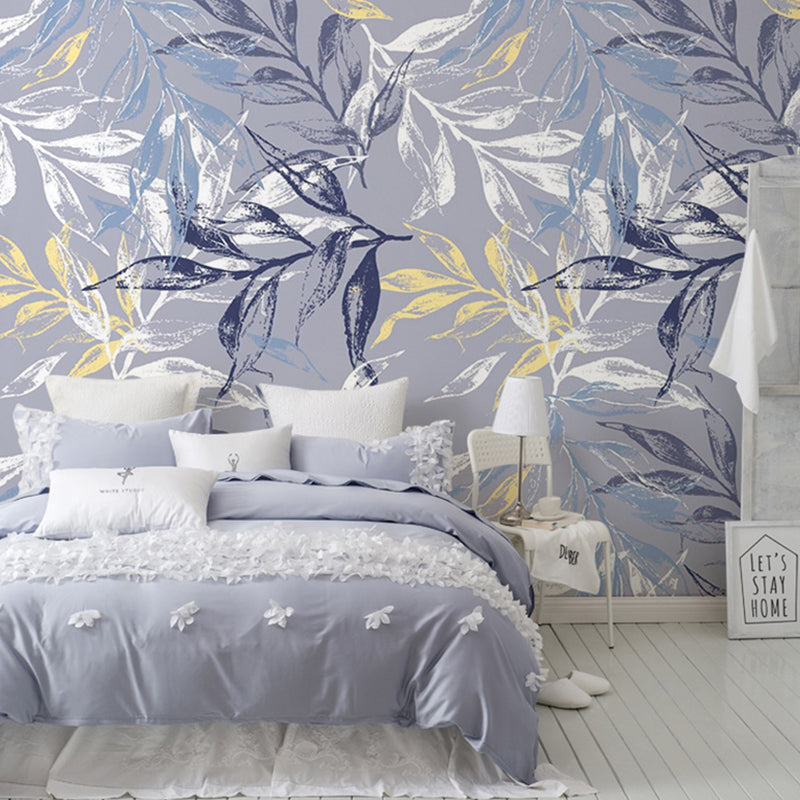 Big Illustration Classic Mural Wallpaper for Bedroom with Leaf and Branch in Grey and Blue Clearhalo 'Wall Decor' 'Wall Mural' 982201