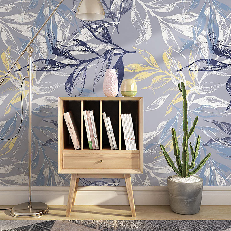 Big Illustration Classic Mural Wallpaper for Bedroom with Leaf and Branch in Grey and Blue Clearhalo 'Wall Decor' 'Wall Mural' 982202